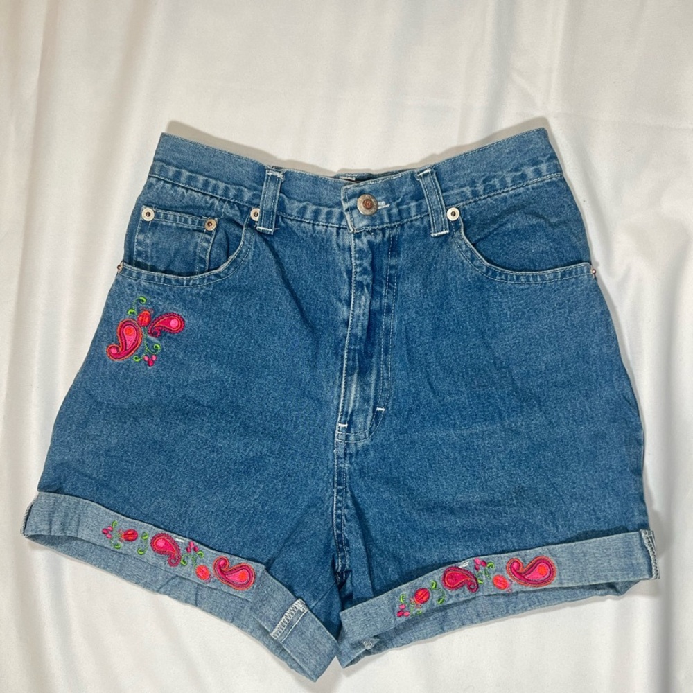 Route 66 Blue and Red Jean Shorts with Embroidery